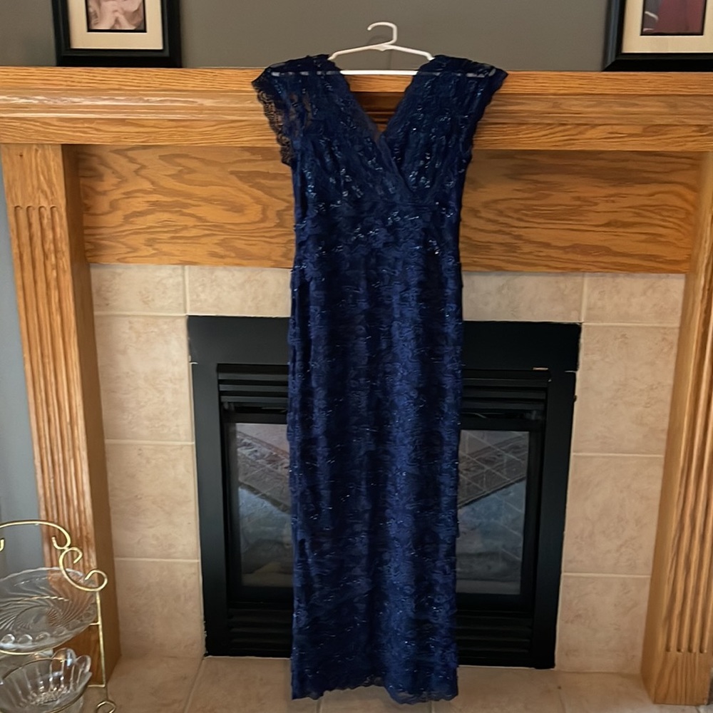 Marina Gorgeous Navy Beaded Lace Floral Detail Special Occasion Dress